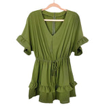 No Brand Tag (Amazon Brand Valphsio) Army Green Elastic Tie Waist with Ruffled Sleeves and Hem Romper- Size S