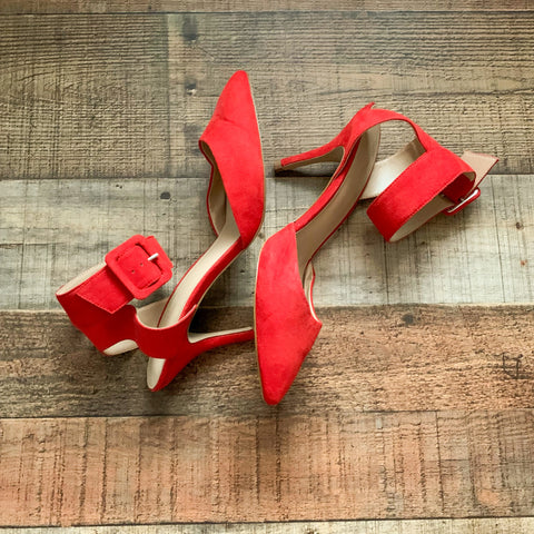 Zara Basic Red Suede Ankle Strap Buckle Heels- Size 39 (US 8.5)