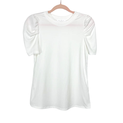 Ces Femme White Ribbed Puff Sleeve Top- Size S