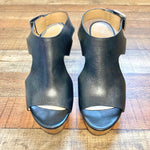 MICHAEL Michael Kors Black Leather Open Toe Cut Out Side Wedge Sandals- Size 9.5