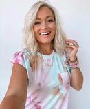 No Brand Blue/Pink/Orange/White Tie Dye Ruffle Cap Sleeve Top- Size M