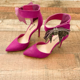 Just Fab Purple Suede Gem Bow Ankle With Velcro Closure Heels- Size 6.5