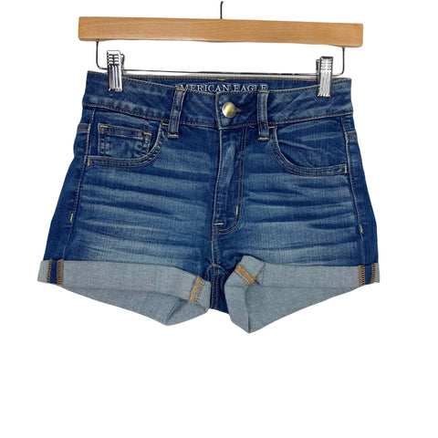 American Eagle Outfitters Super Stretch Dark Wash High Rise Shortie Shorts- Size 0