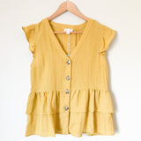 Hayden (Pink Lily) Mustard Button Up Ruffle Top- Size S