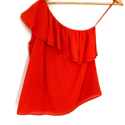 Rebecca Taylor One Shoulder Orange/Red Silk-Crepe Ruffle Blouse- Size 0