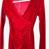 Aura Red Velvet Side Ruching With Decorative Button-Loop Sequence Dress- Size XS