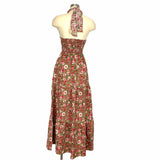 Shein Tan Floral Print Smocked Back Halter Maxi Dress- Size S