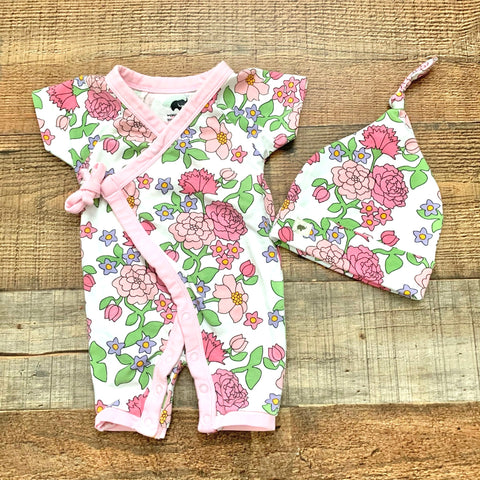Monica + Andy Organic Cotton Floral Kimono Tie One Piece with Matching Top Knot Hat- Size NB