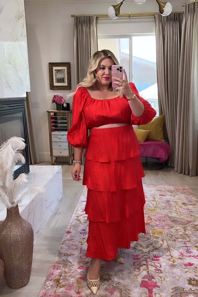 Show Me Your Mumu Red Pleated Tiered Midi Skirt- Size XL (we have matc The Saved Collection Show Me Your Mumu Red Pleated Tiered Midi Skirt- Size XL (we have matc The Saved Collection