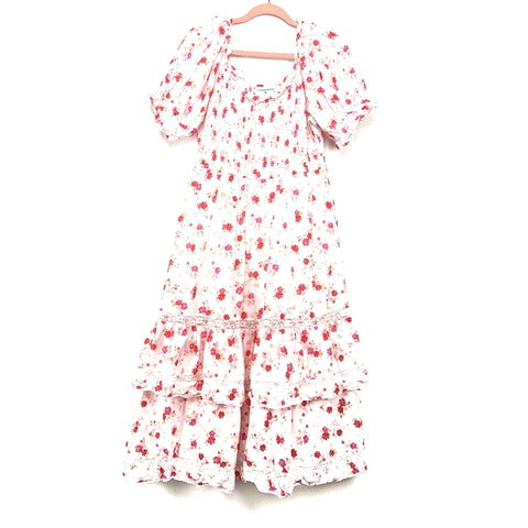 Love Shack Fancy For Target White/Pink/Orange Floral Print Smocked Bodice Ruffle Bottom Dress- Size L