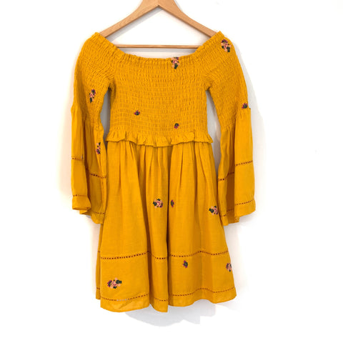Free People Mustard Smocked Bell Sleeved Dress- Size XS