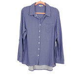 Tyler Boe Blue and White Printed Button Up Roll Tab Sleeve Top- Size XL
