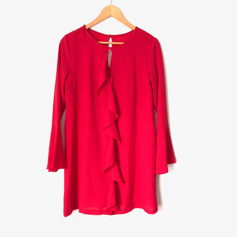Adrienne Red Ruffle Detail Bell Sleeve Dress- Size S (see notes)
