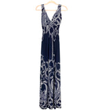 No Brand Navy and White Print Padded Elastic Waist Band Maxi Dress- Size ~XL/1X (see notes)