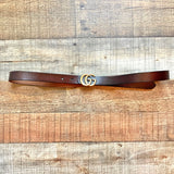 No Brand Brown Leather Logo Belt- Size ~M (see notes)