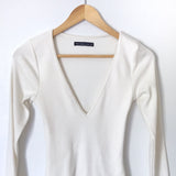 Abercrombie & Fitch Cream Deep V Neck Ribbed Bodysuit- Size S