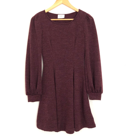 Everly Plum Thin Sweater Bubble Sleeve Dress- Size S