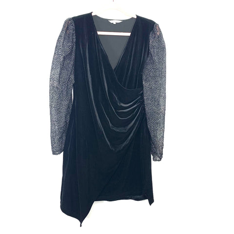 Amaryllis Black Velvet Faux Wrap Side Ruching Polka Dot Sheer Long Sleeve Dress- Size XL