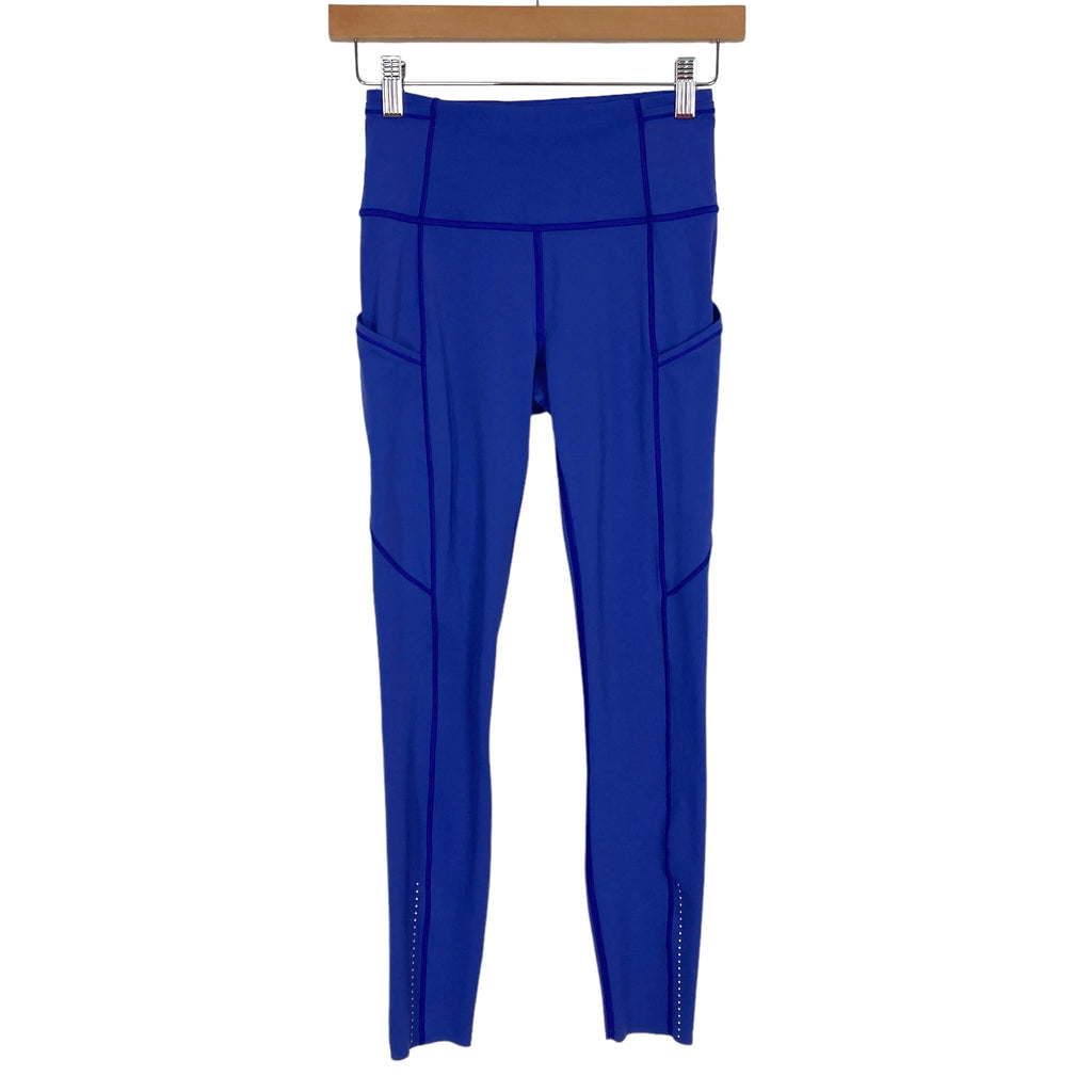 Lululemon Up the Pace Cadet Blue Stripe Capri Leggings Size 8 Blue Zip  Pocket 