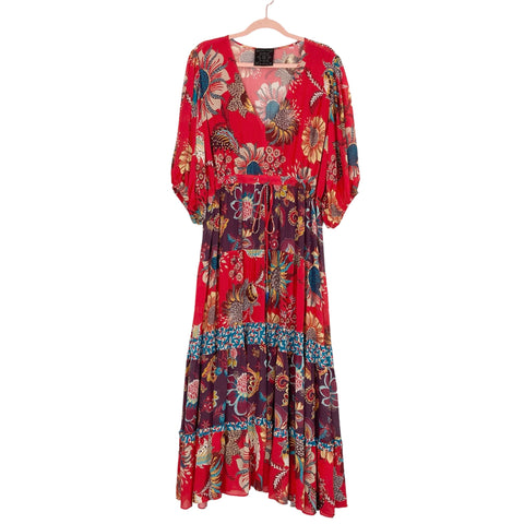 Johnny Was Jade Red Floral Drawstring Beaded Tassel Dress- Size S