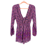Gianni Bini Purple and Orange Printed Tie Front Open Back Slit Sleeves Romper NWT- Size XS
