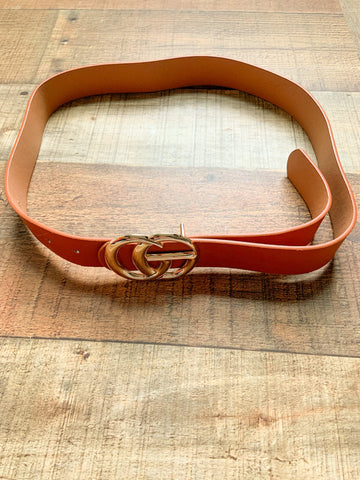 CG Tan with Gold CG Faux Leather Belt- Size ~S/M (see notes)