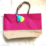 Mudpie Pink Color Block Jute Tote with Tassels Bag