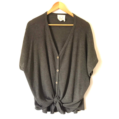 Fantastic Fawn Charcoal Grey Waffle Knit Tie Front Short Sleeve Top- Size S
