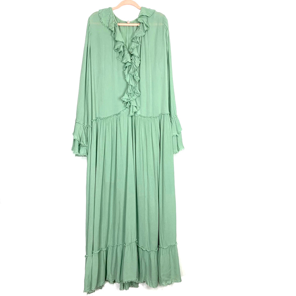 Free People Mint Button Up Ruffle Maxi Dress with Drawstring Sleeves- The Saved Collection Free People Mint Button Up Ruffle Maxi Dress with Drawstring Sleeves- The Saved Collection