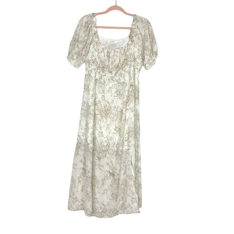 Amaryllis Floral Ivory Taupe Cottage Dress- Size XL