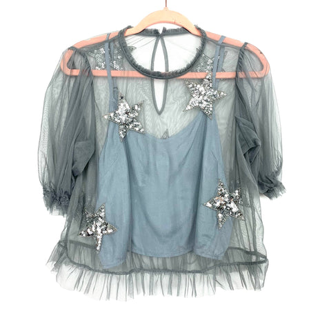 Show Me Your Mumu Grey/Blue Sequin Star Overlay Top NWOT- Size M (sold out online)