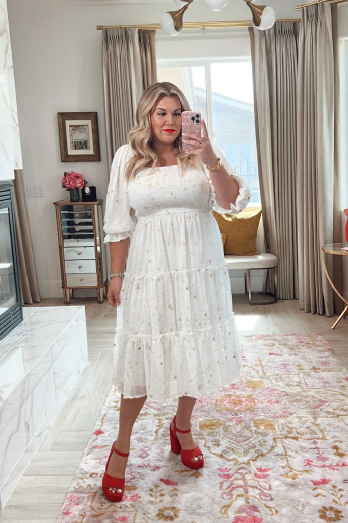 Ivy City White with Gold Stars Midsummer Nights Smocked Bodice Midi Dr The Saved Collection Ivy City White with Gold Stars Midsummer Nights Smocked Bodice Midi Dr The Saved Collection
