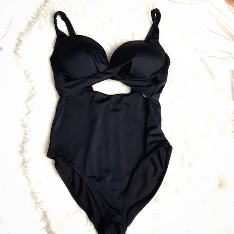Swimsuits For All Black Padded Front Criss Cross Strap One Piece- Size 12