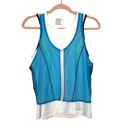 Lucky in Love Semi-Fitted White/Blue Mesh Tank NWT- Size M