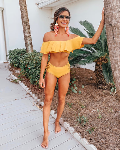 Envya Golden Yellow Ruffle Off the Shoulder Padded Bikini Top- Size M (sold out online, we have matching bottoms, see notes)