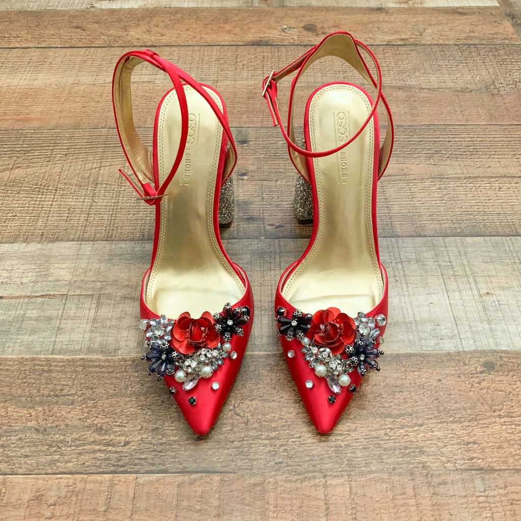 ASOS DESIGN Wide Fit Hot Step embellished block heeled sandals in silver |  ASOS
