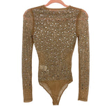 Skull House Designs Tan Fully Beaded Thong Bodysuit- Size S