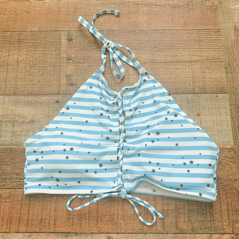 Aerie Blue and White Striped Star Print Halter Bikini Top- Size XL (Top Only)