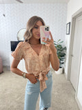 Blu Pepper Peach Puffed Sleeve Button Up with Front Tie Cropped Top NWT- Size S (sold out online)