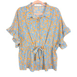 Bishop + Young Blue with Orange Floral Drawstring Blouse- Size S