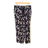 Loft Black Floral Elastic Waist Flowy Pants- Size L (Inseam 27 1/2”)