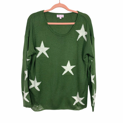 Pink Lily Olive Star Print Distressed Hem Sweater- Size M