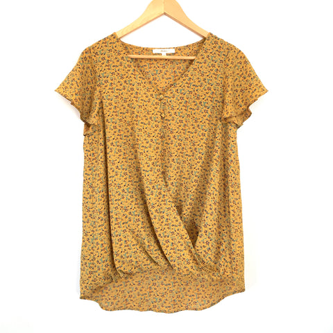 Andre by Unit Mustard Floral Swoop Hem Blouse- Size S