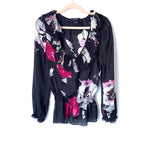 White House Black Market Black Floral Ruffle Neck Peplum Top- Size S