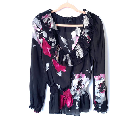 White House Black Market Black Floral Ruffle Neck Peplum Top- Size S