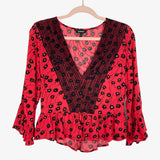 Express Red with Black Floral Pattern and Black Lace Front Tie Top- Size S