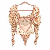 For Love & Lemons Peach Floral Satin Lace Puff Sleeve Open Back Thong Bodysuit NWT- Size ~S (see notes)