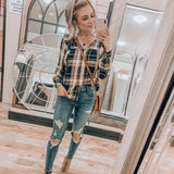 Bobeau Navy and Olive Plaid Ruffle Button Up Blouse NWT- Size XS