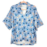 Brooke Wright Pink and Blue Floral V-Neck Cotton and Linen Blend Top- Size ~M/L (see notes)
