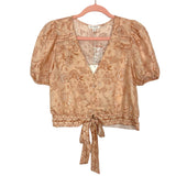 Blu Pepper Peach Puffed Sleeve Button Up with Front Tie Cropped Top NWT- Size S (sold out online)